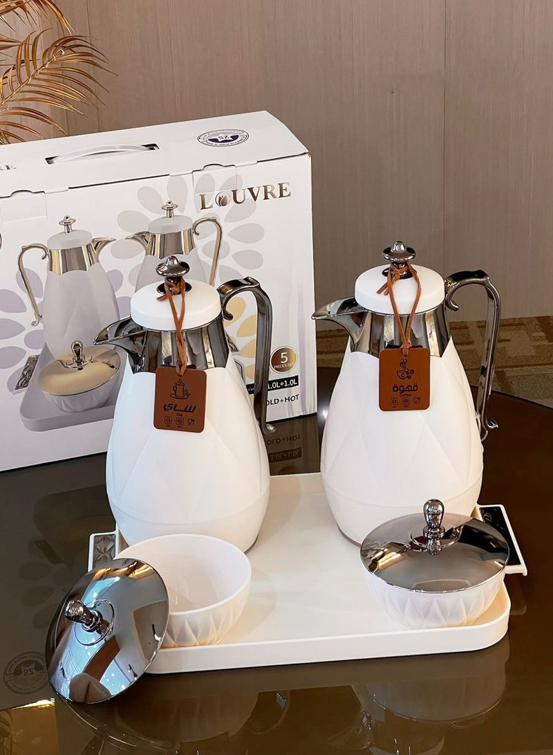 لوفر طقم ترامس شاي وقهوة فاخر بتصميم ماسي أنيق – عدد 2 ترمس مع صينية وعلب تقديم بغطاء – مثالي للضيافة والمناسبات - Image 1